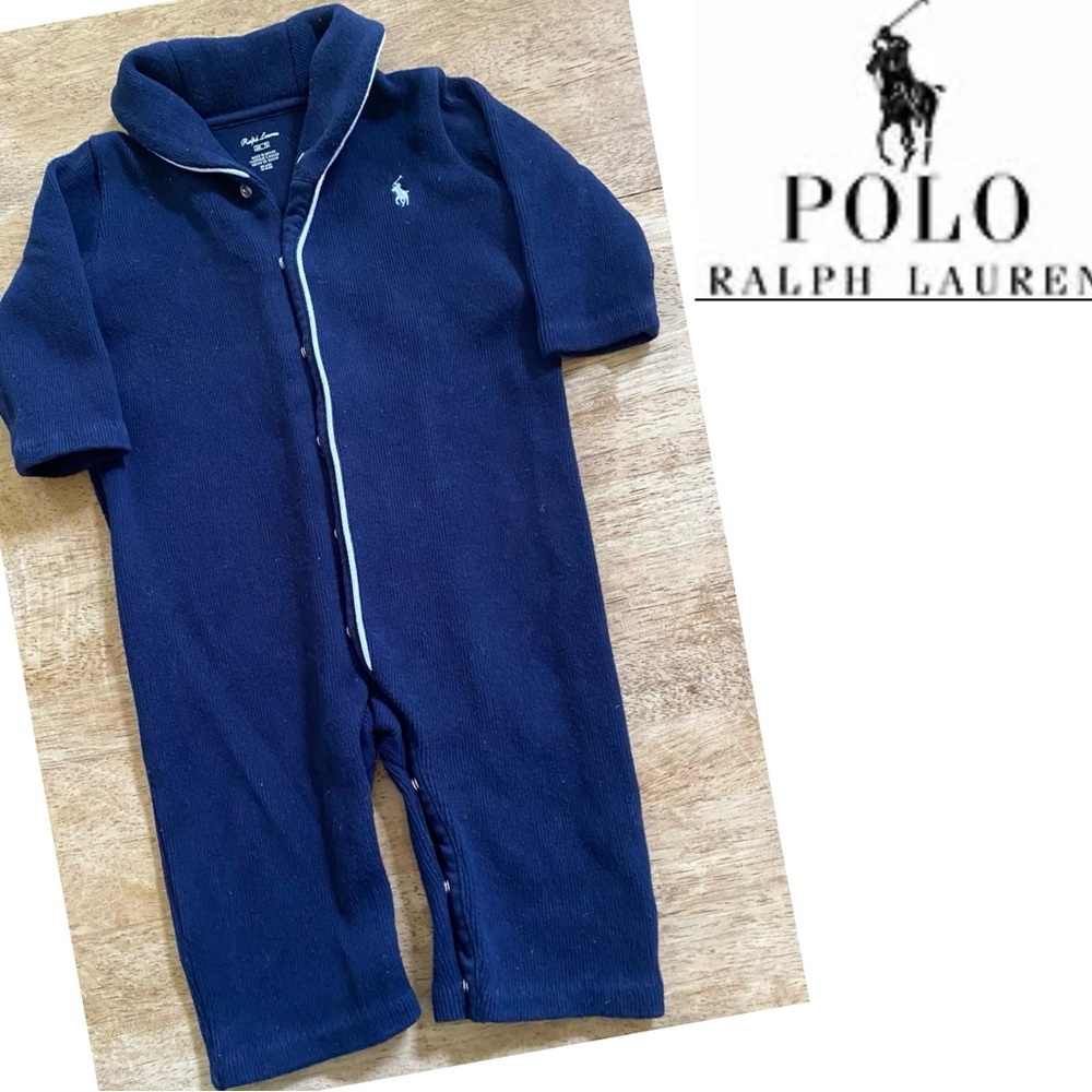 Ralph‎ Lauren Infant Size 6 Months Navy Ribbed Cotton Polo Coverall
